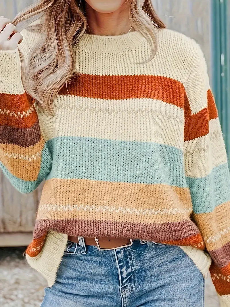 Knitted, striped jumper with round neckline