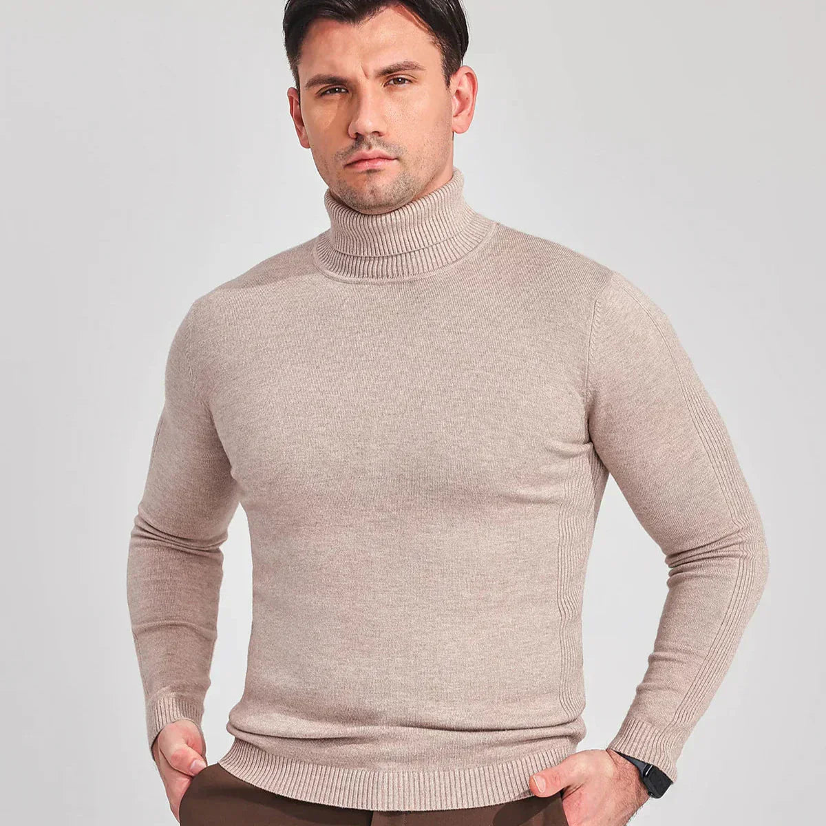 Men - Turtleneck Jumper - Cozy Knit - Stylish Khaki for Fall & Winter Fashion