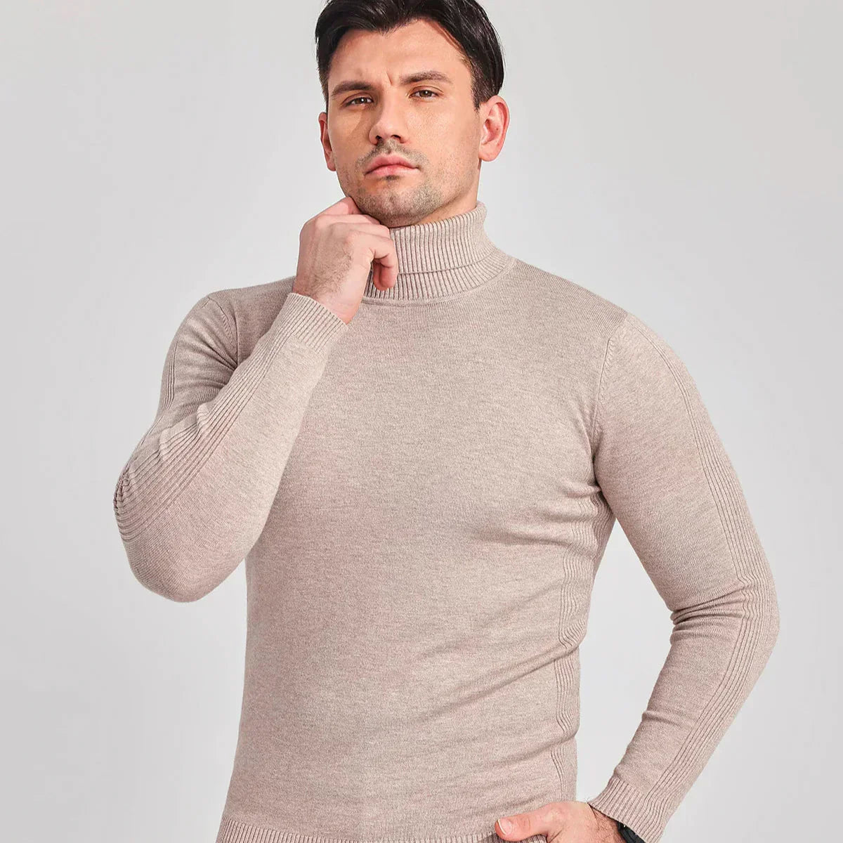 Men - Turtleneck Jumper - Cozy Knit - Stylish Khaki for Fall & Winter Fashion