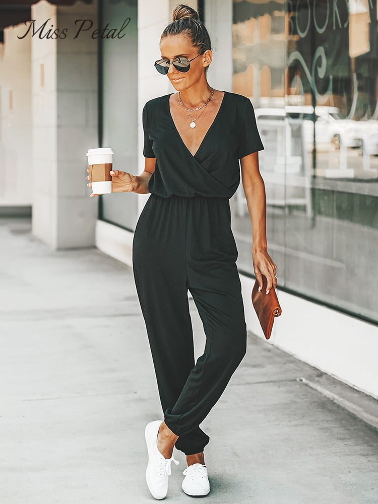 PETAL V-neck jumpsuit - Women's summer jumpsuit with short sleeves