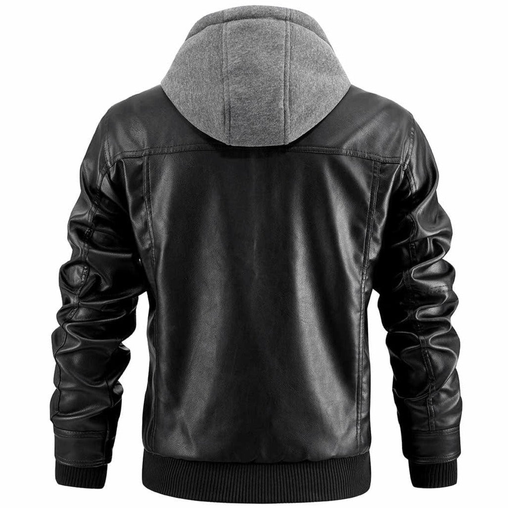 Hooded leather jacket with zipper