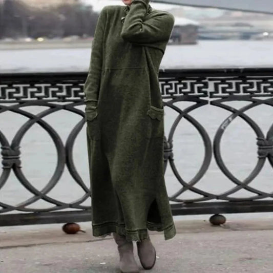 Women - Round Neck Winter Dress - Long Sleeves, Cozy Fabric - Stylish Winter Wardrobe Essential