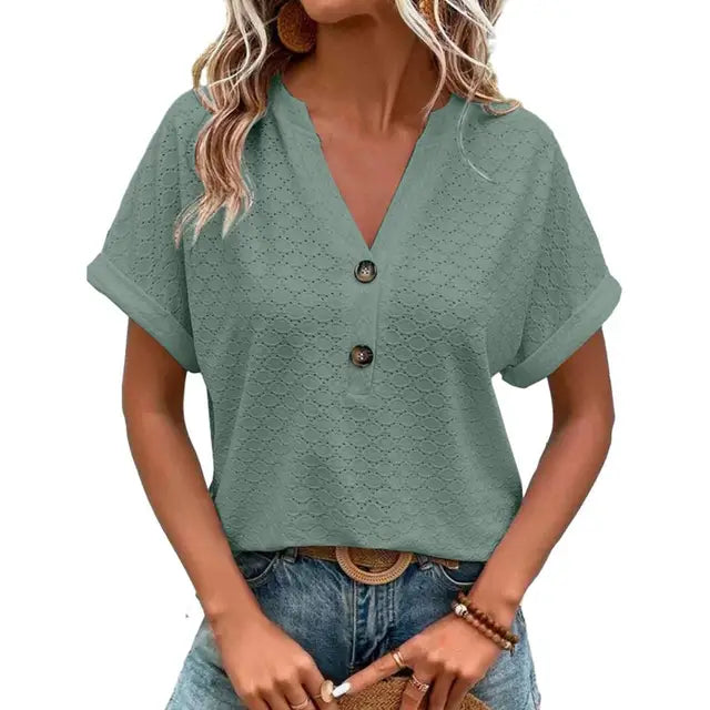 Airy top with openwork button placket