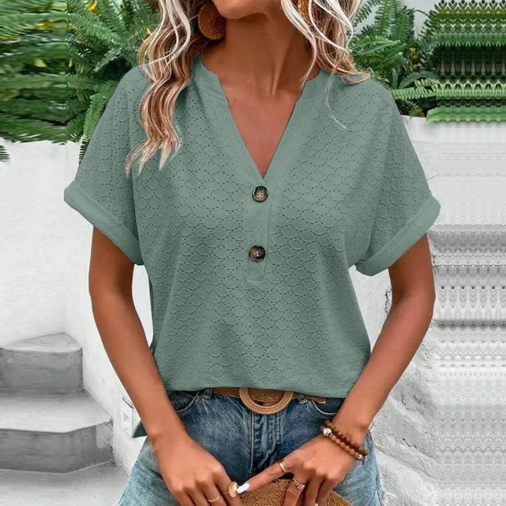 Airy top with openwork button placket