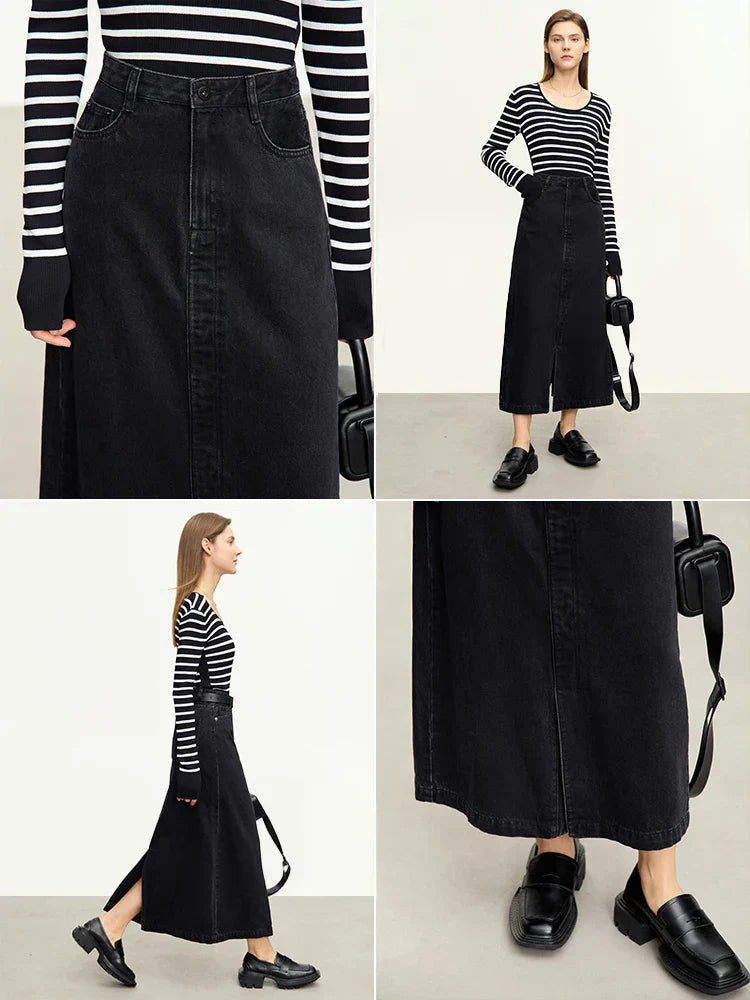 Minimalist 2023 Autumn New Black Denim Skirts Retro Basics Casual Office Lady Female A-Line Ankle-length Skirt 12343167