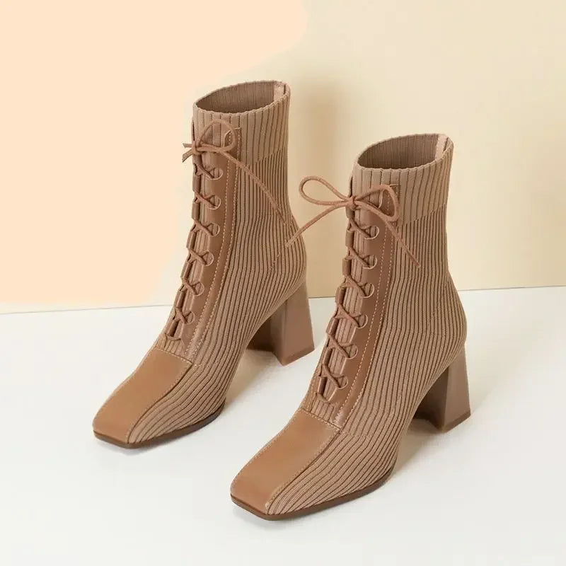 Ribbed knit ankle boots with lace-up detail