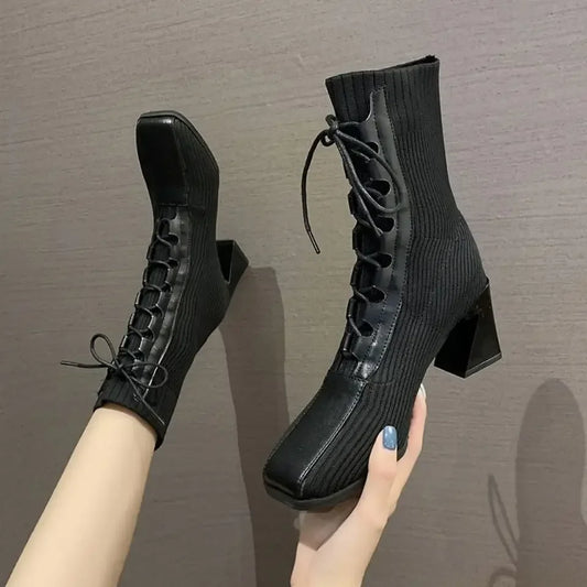 Ribbed knit ankle boots with lace-up detail