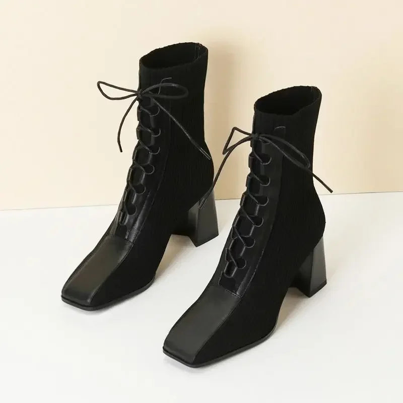 Ribbed knit ankle boots with lace-up detail