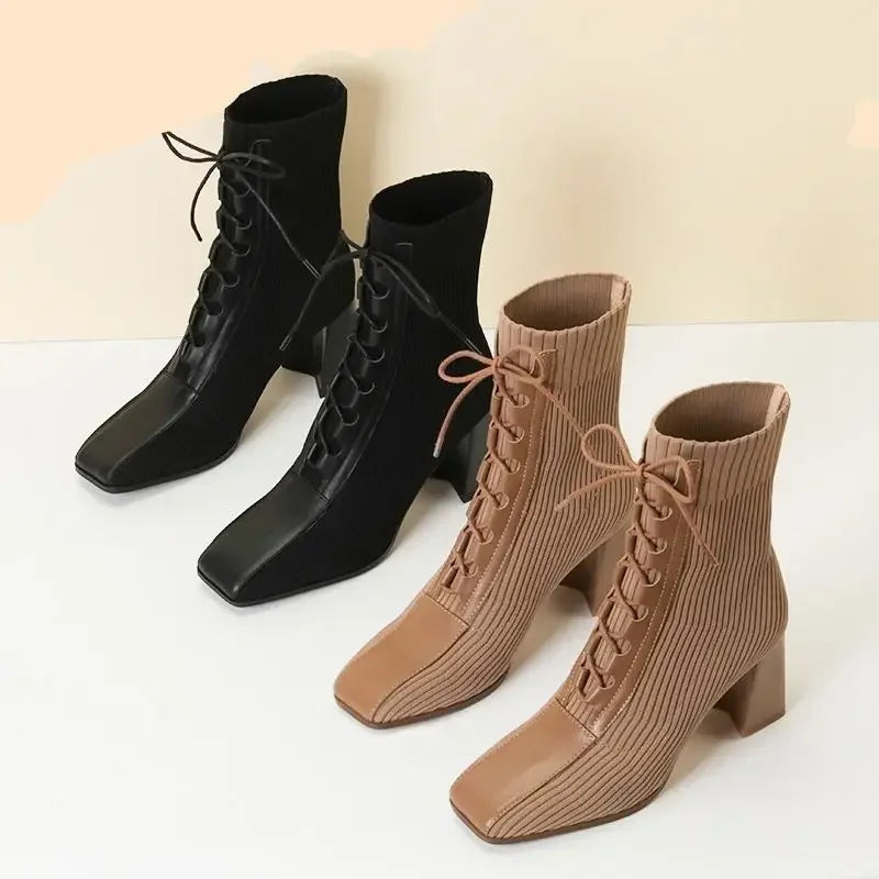 Ribbed knit ankle boots with lace-up detail