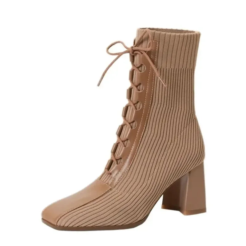 Ribbed knit ankle boots with lace-up detail