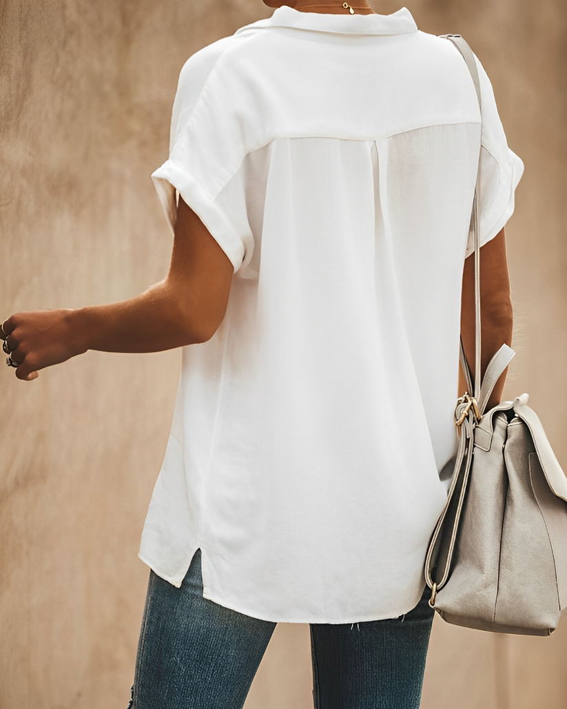 Short-sleeved cotton and linen blouse