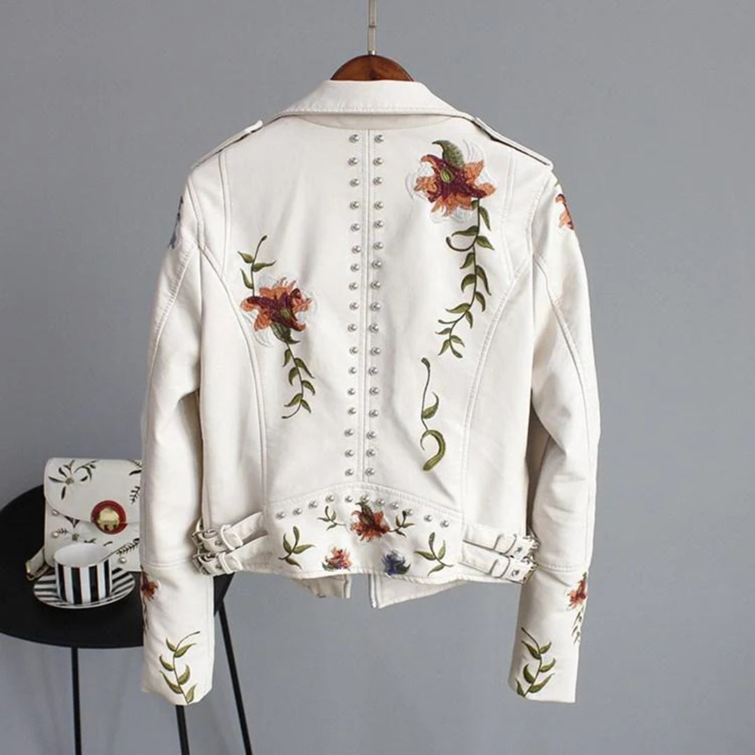 Fashionable faux leather jacket with floral pattern