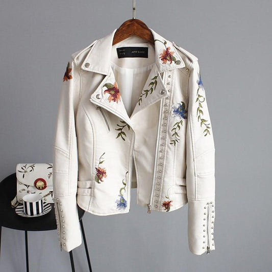 Fashionable faux leather jacket with floral pattern