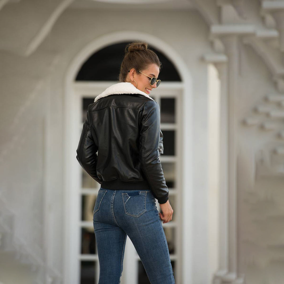 Leather jacket with fur collar