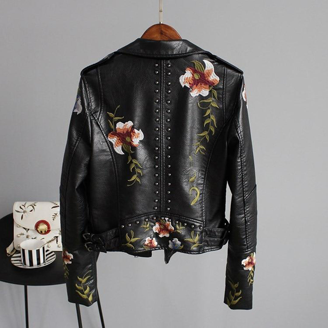 Fashionable faux leather jacket with floral pattern