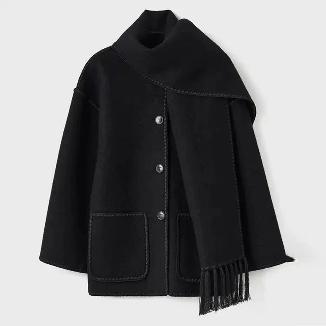 Stylish coat with sewn-on scarf