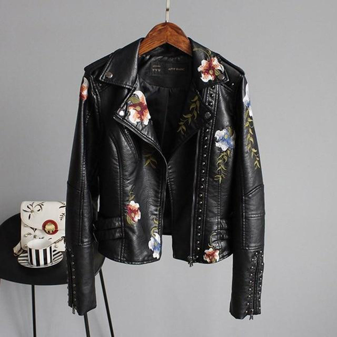 Fashionable faux leather jacket with floral pattern