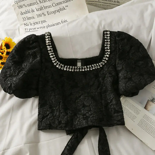 Dainty summer blouse with diamonds in Korean style