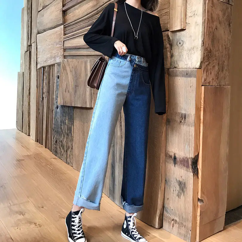 High-waisted straight jeans with contrast splice