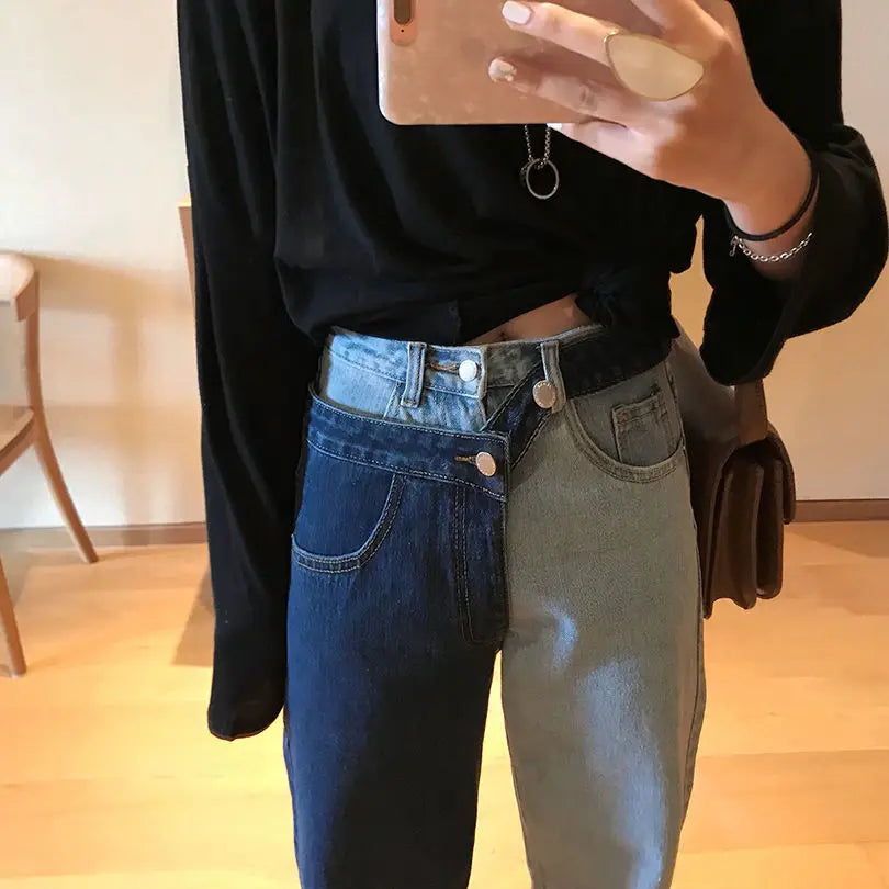 High-waisted straight jeans with contrast splice