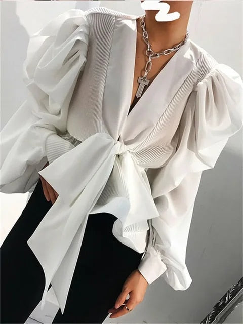 V-neck blouse with long puff sleeves