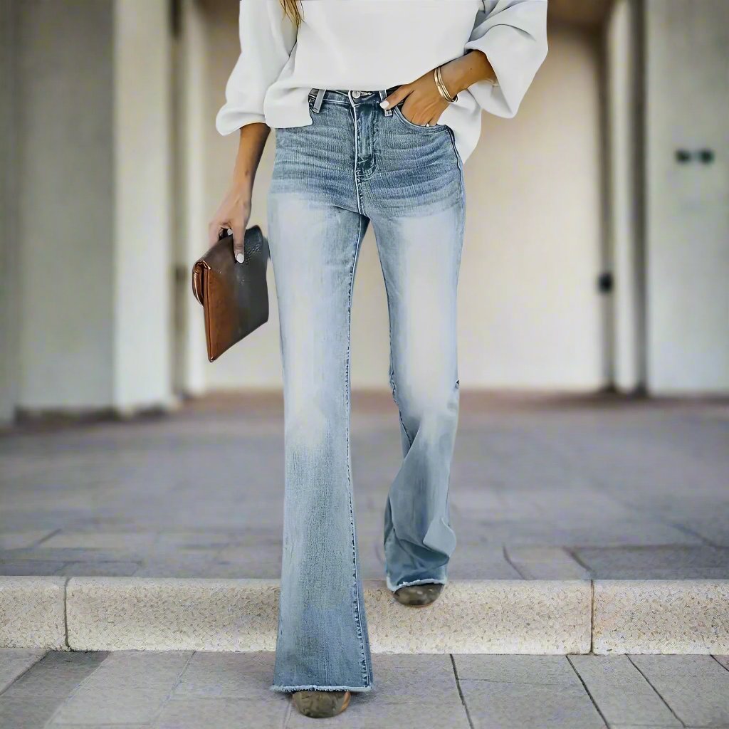 Women - Flared Trousers - High Waist, Washed-Out Style - Trendy Casual Pants for Effortless Chic