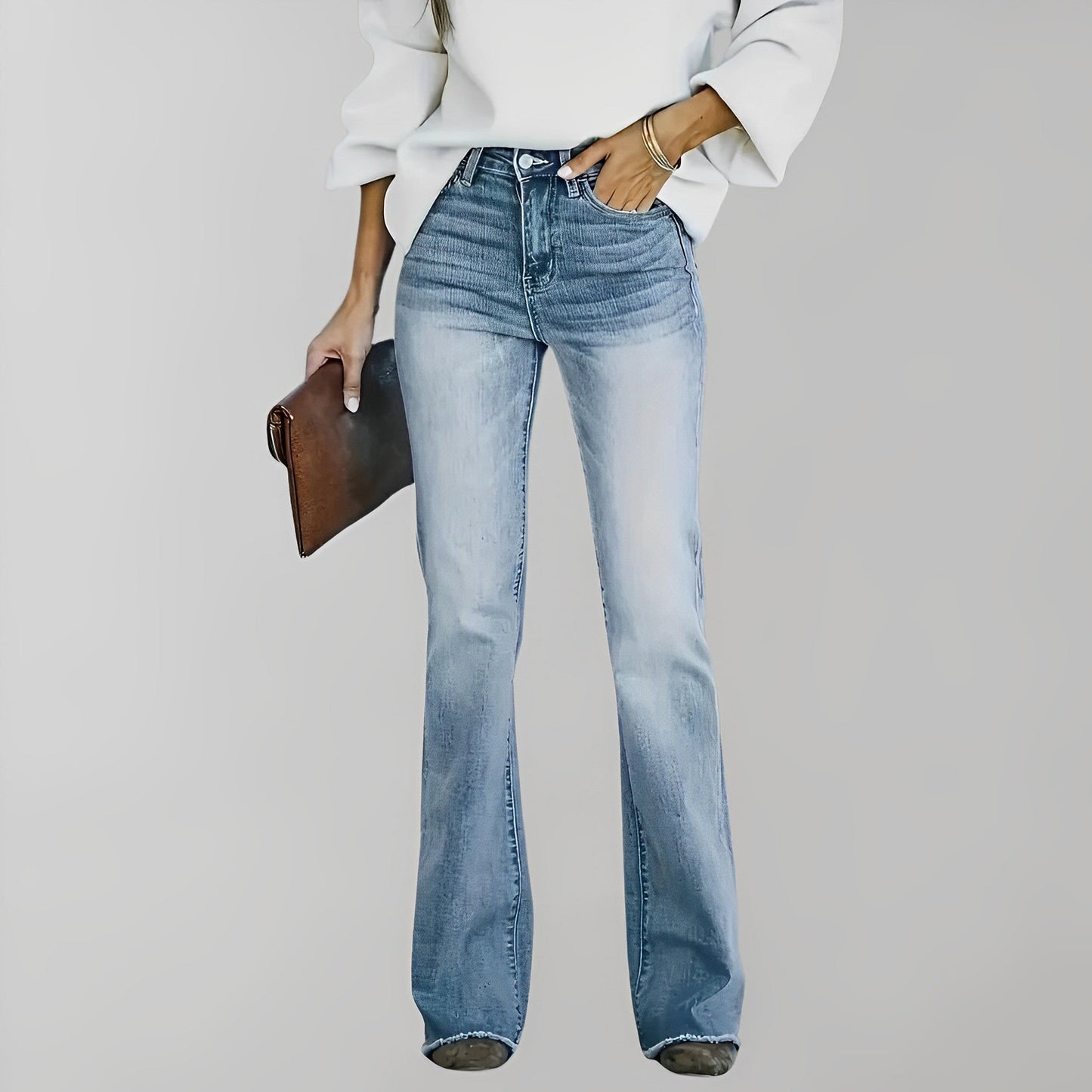 Women - Flared Trousers - High Waist, Washed-Out Style - Trendy Casual Pants for Effortless Chic