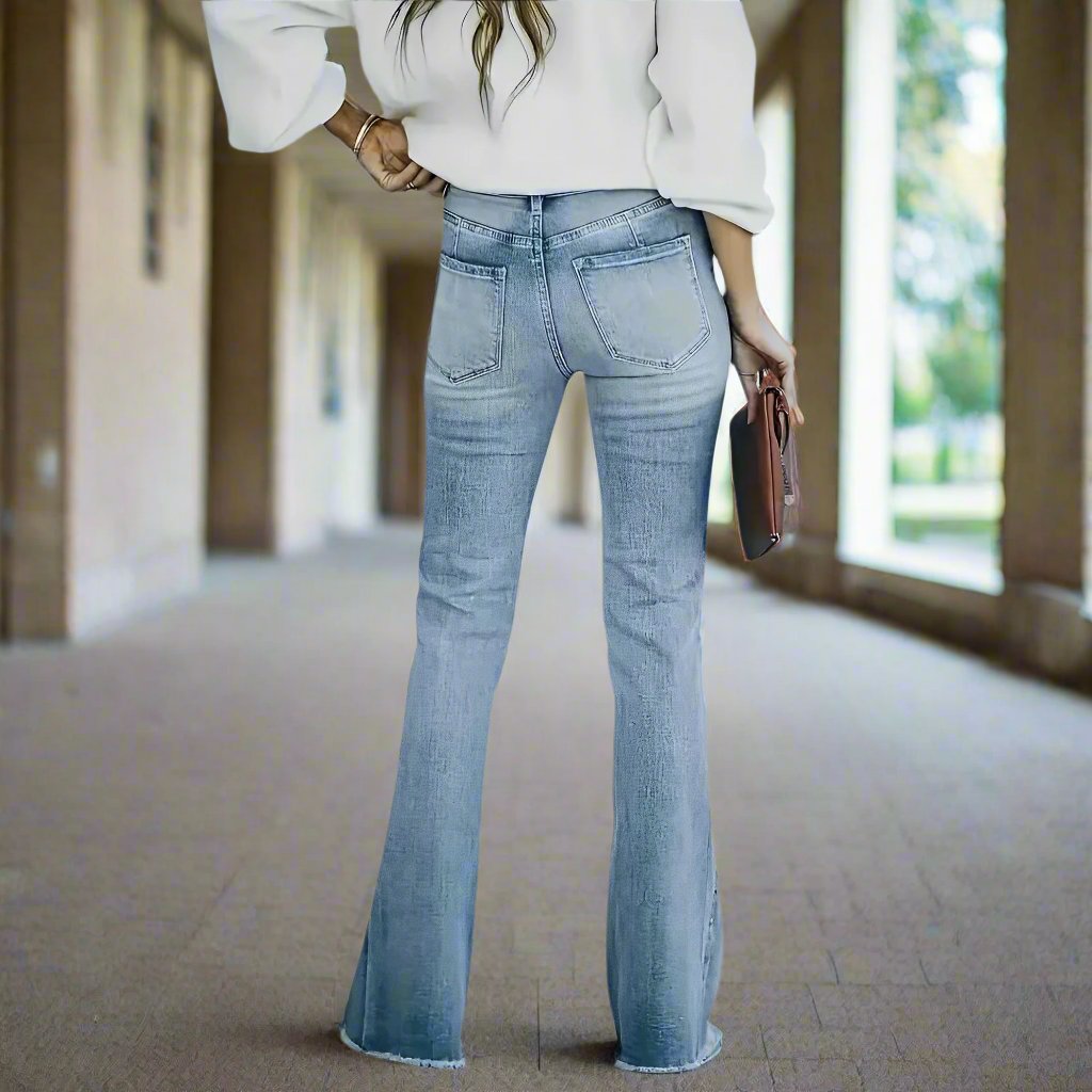 Women - Flared Trousers - High Waist, Washed-Out Style - Trendy Casual Pants for Effortless Chic