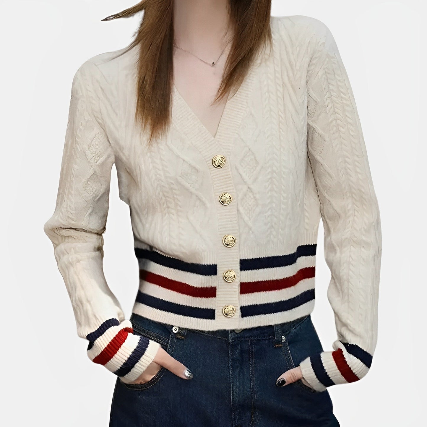 Women - Jumper - Cozy Knitwear with Stylish Pattern and Buttons - Elegant Fashion Piece