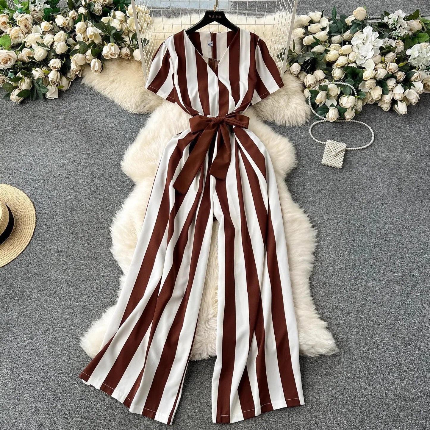 Women's Striped Bow Detailed Jumpsuit