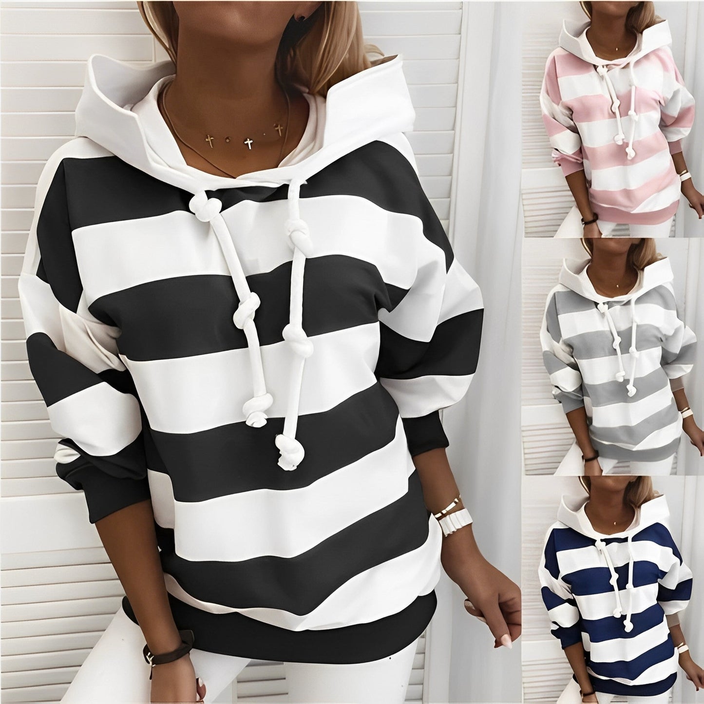 Women - Casual Hooded Jumper - Striped Design - Comfortable Everyday Fashion