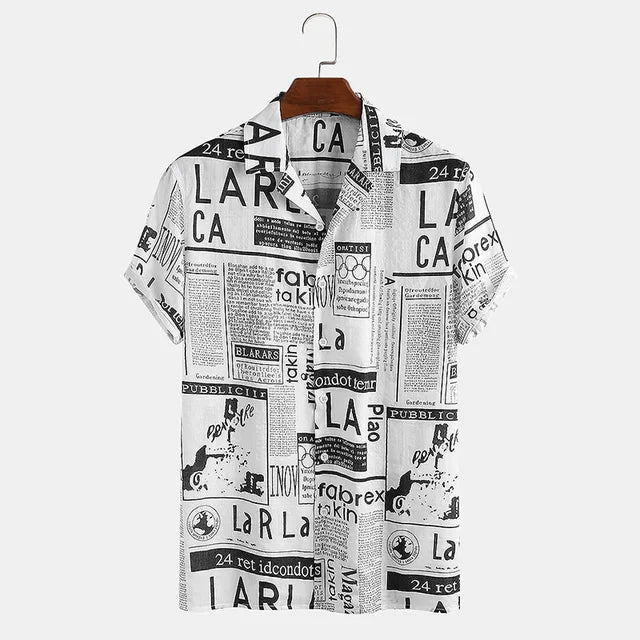 Newspaper print shirt with button placket