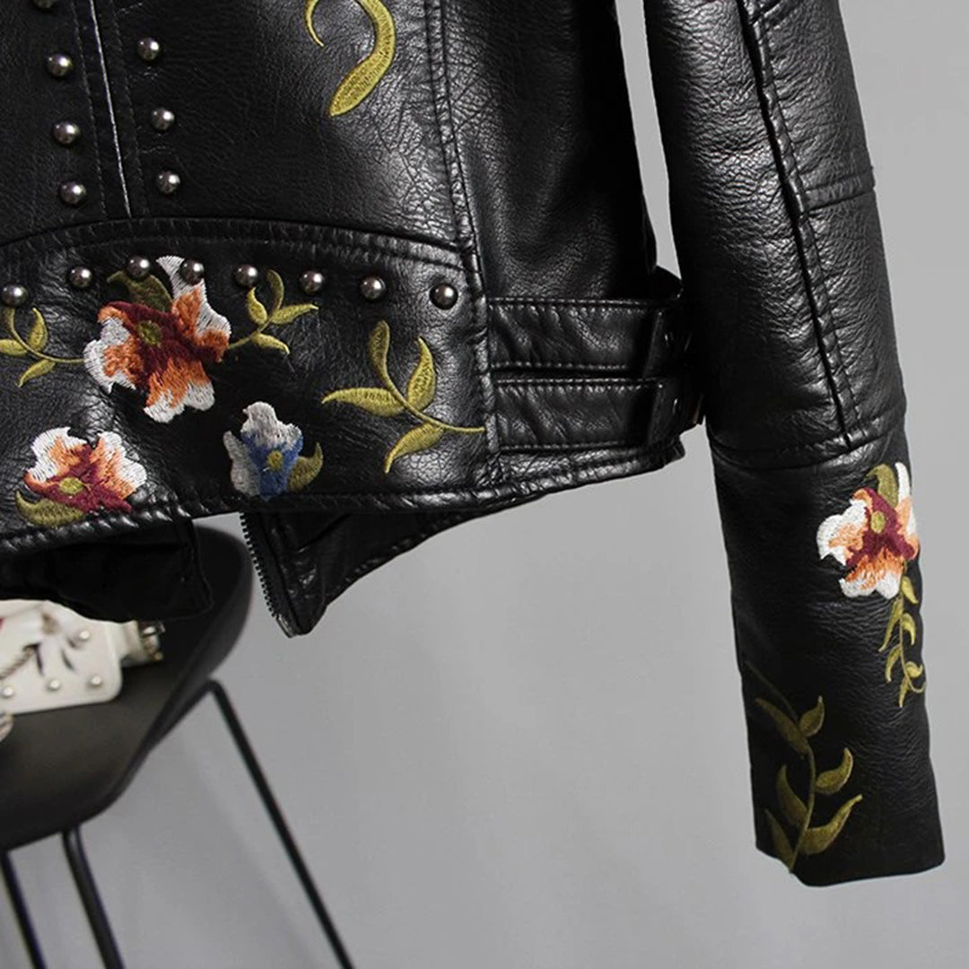 Fashionable faux leather jacket with floral pattern