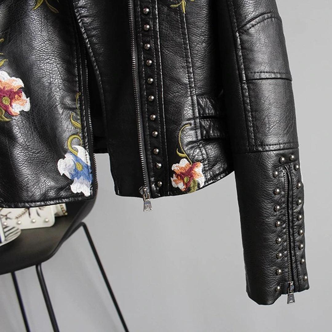 Fashionable faux leather jacket with floral pattern