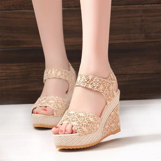 Wedge Heel Sandals Mesh Peep Toe Platform High Heel