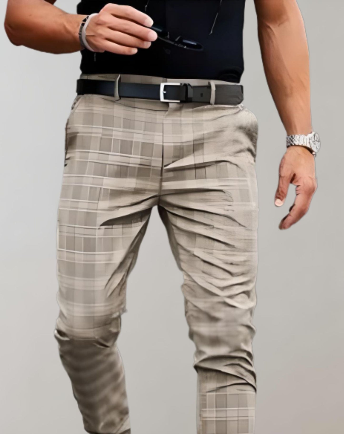 Slim Checkered High Waisted Men's Trousers