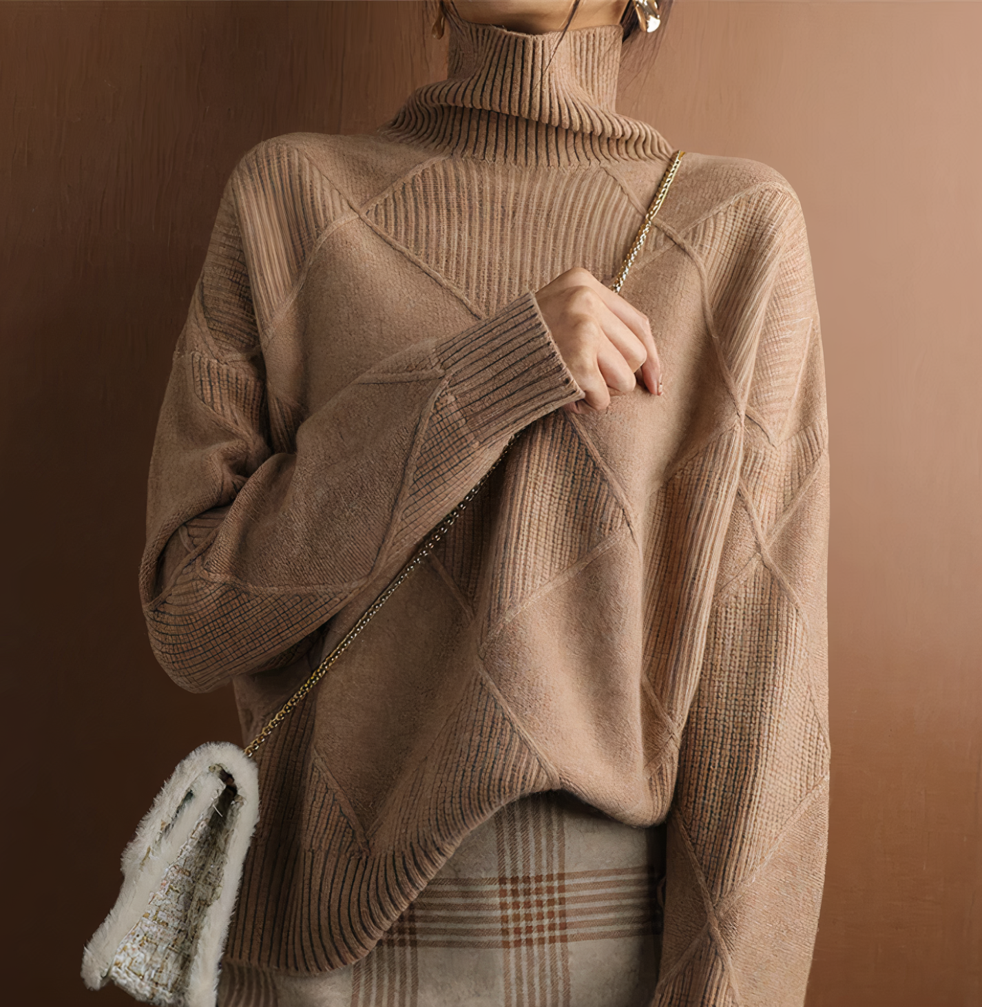 Women - Turtleneck Jumper - Chic Patterned Knit - Cozy Stylish Sweater for Trendy Looks