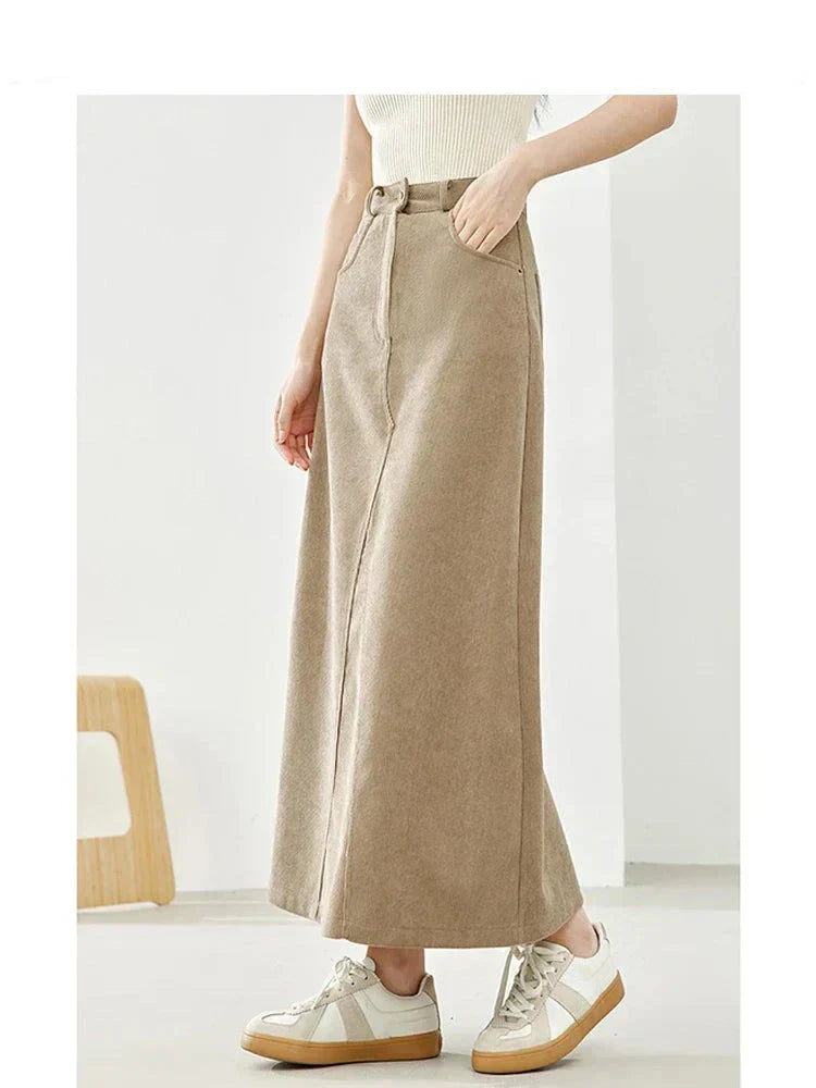 New elegant long khaki skirt in French style