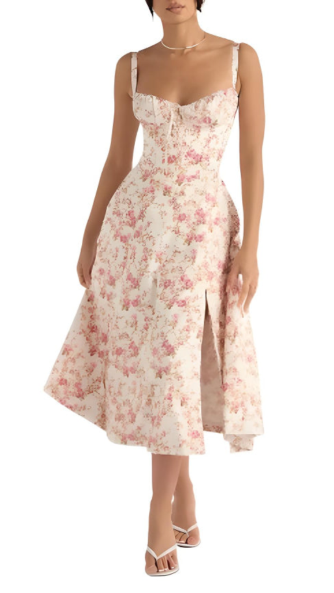 Ladies' strapless floral dress with sweetheart neckline and thigh-high slit