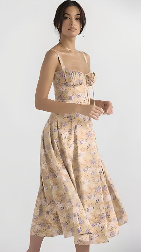 Ladies' strapless floral dress with sweetheart neckline and thigh-high slit