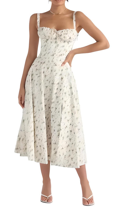 Ladies' strapless floral dress with sweetheart neckline and thigh-high slit