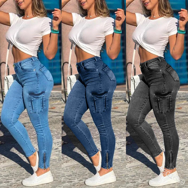 Women's slim fit denim cargo pencil trousers