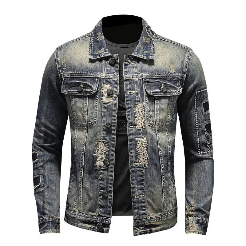 Grey patchwork turn-down collar button men's denim jackets