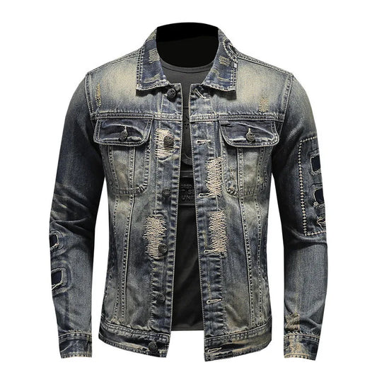 Grey patchwork turn-down collar button men's denim jackets