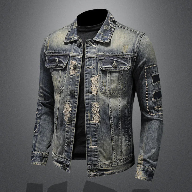 Grey patchwork turn-down collar button men's denim jackets