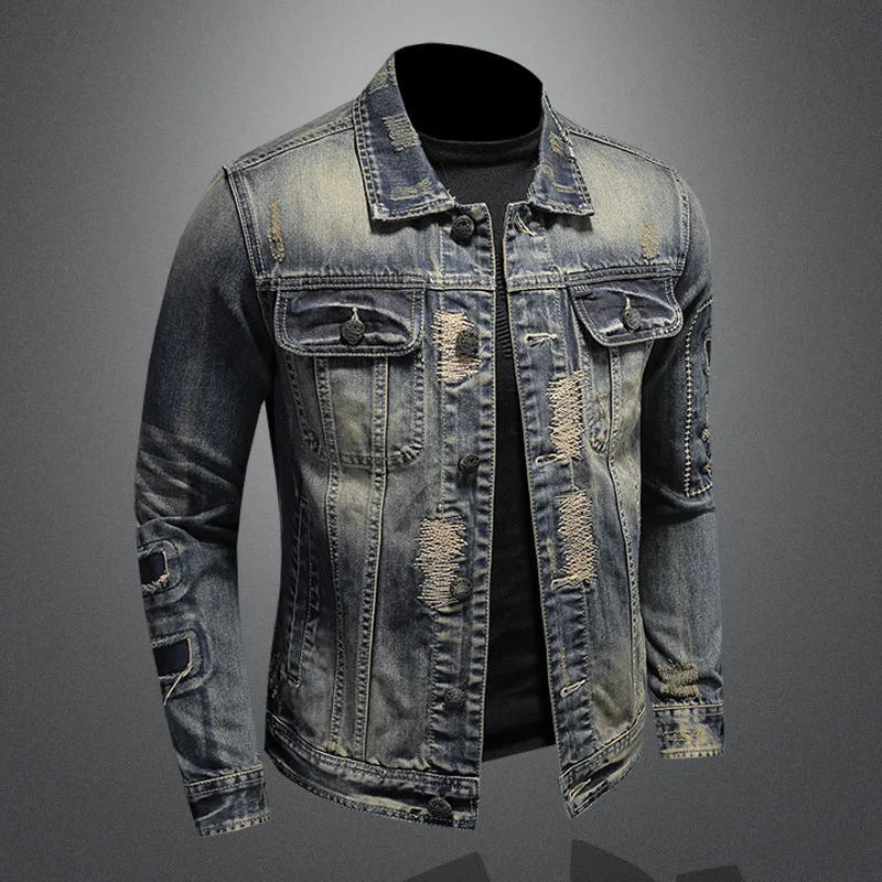 Grey patchwork turn-down collar button men's denim jackets