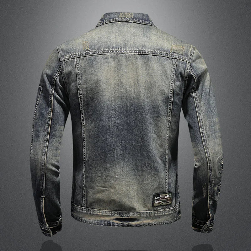 Grey patchwork turn-down collar button men's denim jackets