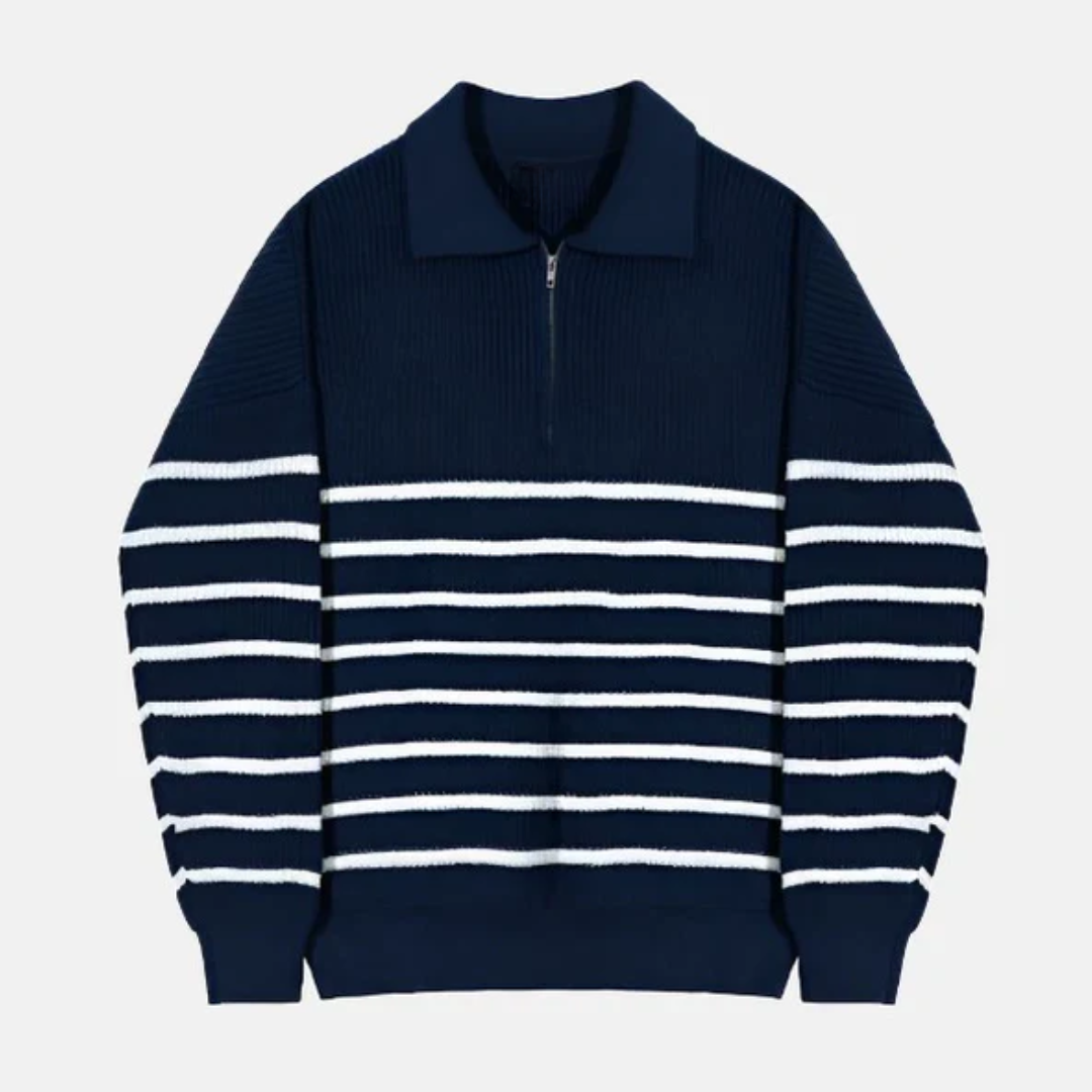 Men - Quarter Zip Jumper - Cozy Knit in Hardy Blue and White - Ideal for Layering