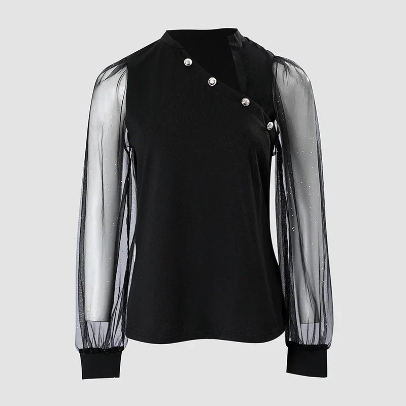 Glitter Translucent Long-Sleeved Mesh Top