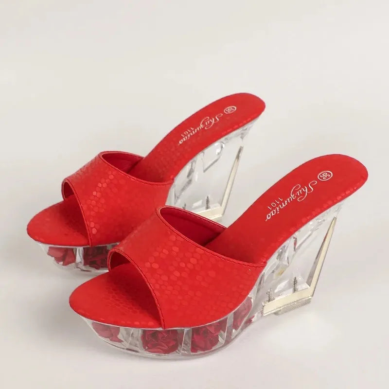 Transparent heeled sandals with wedge heel for women